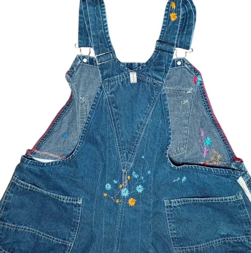 Boho Hippie Vintage Key Denim Floral Embroidered Crochet Over-Alls Maxi Dress - Picture 8 of 11